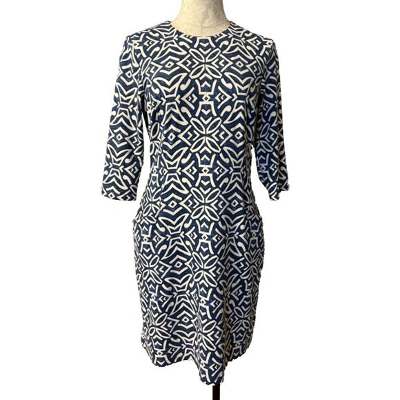 J McLaughlin Catalyst Dress M Medium Blue Cream Nile Geo Pockets NEW NWT - Picture 1 of 8